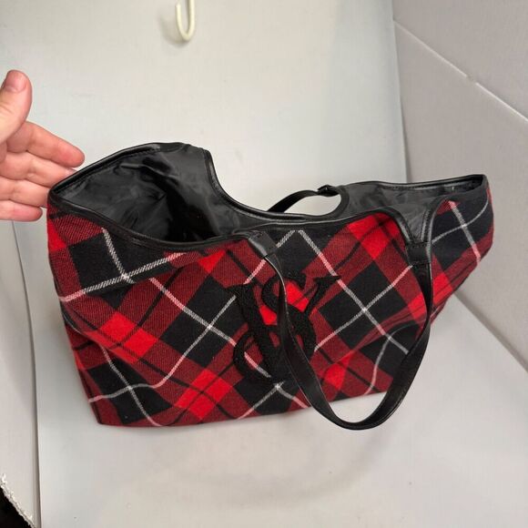 Victoria’s Secret Argyle Plaid Red Black Shopper Tote Bag VS Logo 15×11×5 - Picture 5 of 14